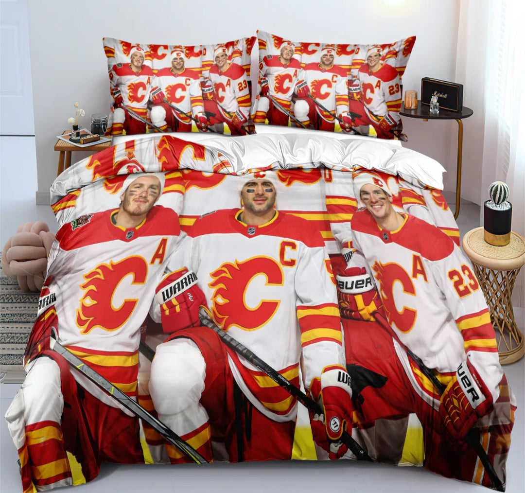 Housse de couette Calgary hockey team rouge avec logo style équipe de hockey, ensemble de literie pour fans de hockey.