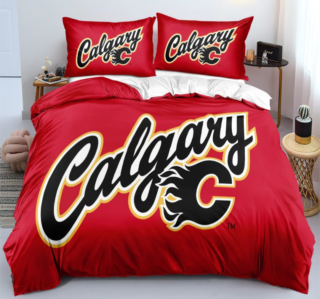 Housse de couette Calgary hockey team rouge avec logo style équipe de hockey, ensemble de literie pour fans de hockey.