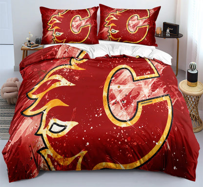 Housse de couette Calgary hockey team rouge avec logo style équipe de hockey, ensemble de literie pour fans de hockey.