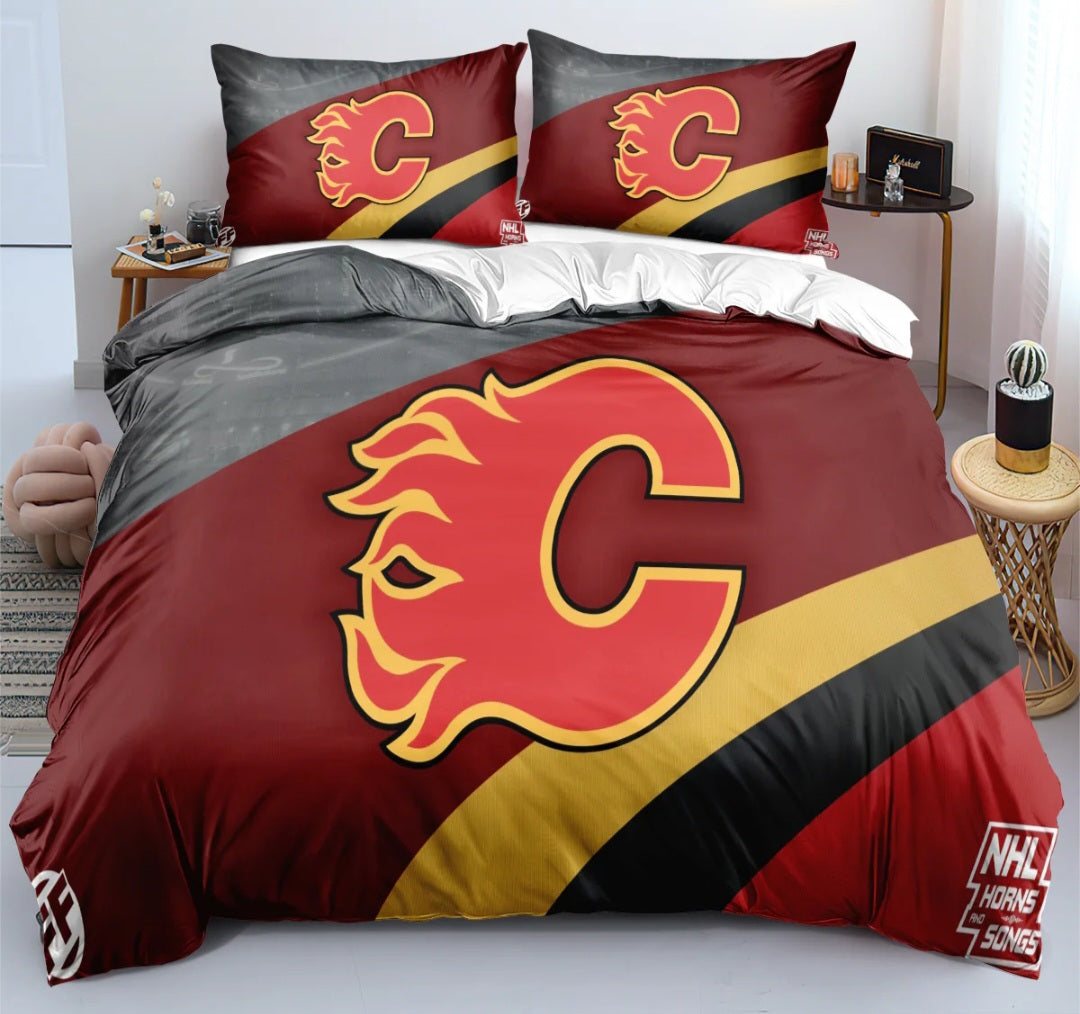 Housse de couette Calgary hockey team rouge avec logo style équipe de hockey, ensemble de literie pour fans de hockey.