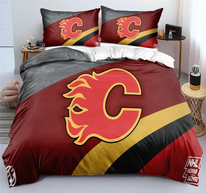 Housse de couette Calgary hockey team rouge avec logo style équipe de hockey, ensemble de literie pour fans de hockey.