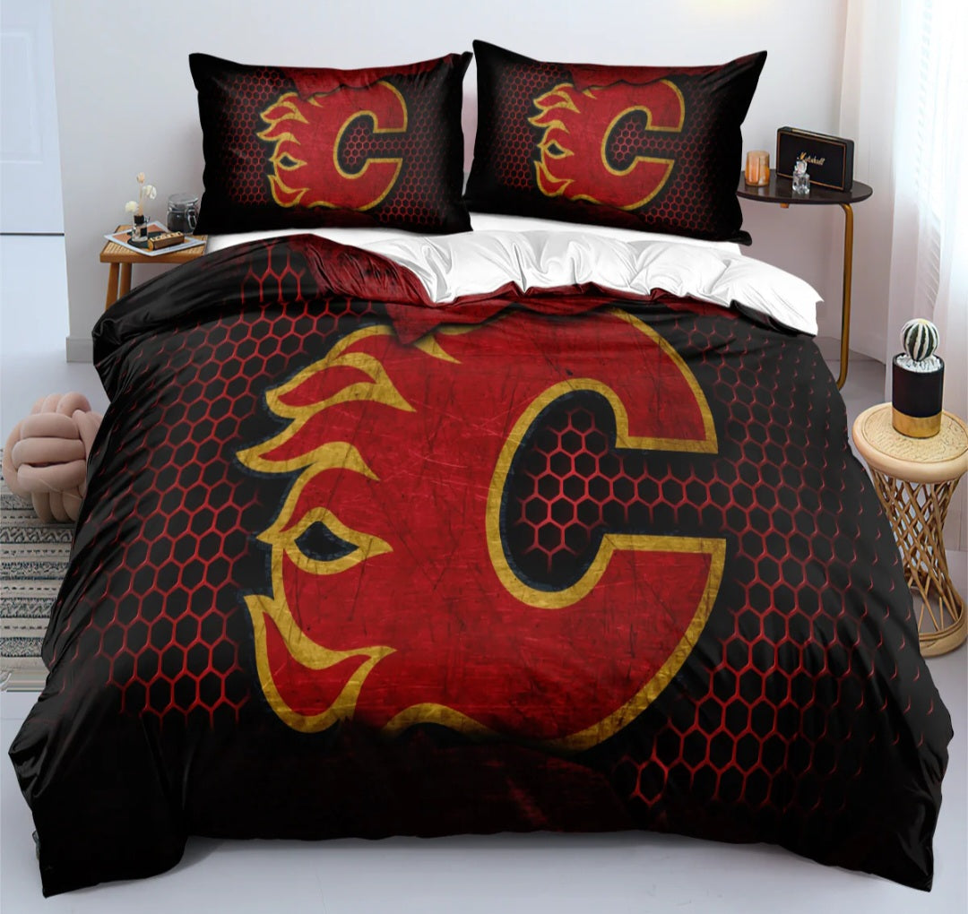 Housse de couette Calgary hockey team rouge avec logo style équipe de hockey, ensemble de literie pour fans de hockey.