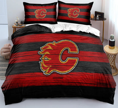 Housse de couette Calgary hockey team rouge avec logo style équipe de hockey, ensemble de literie pour fans de hockey.