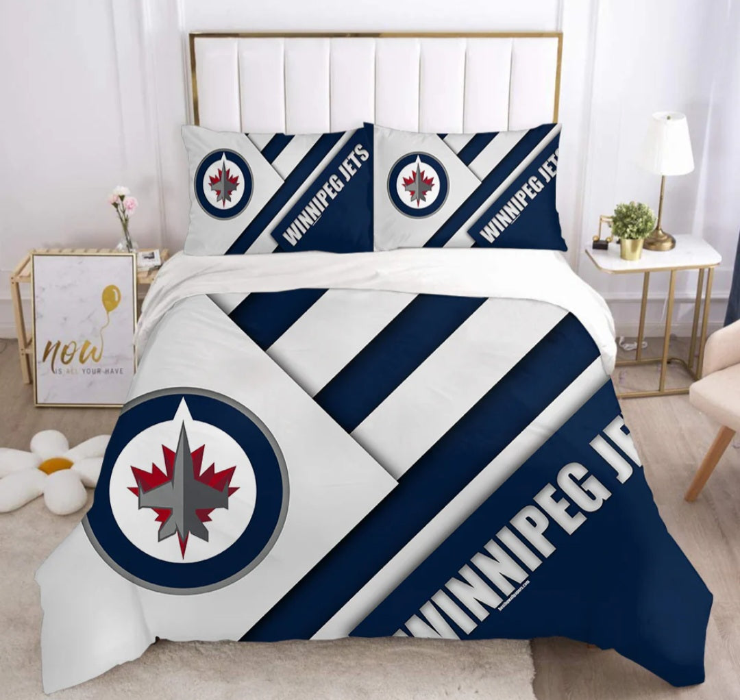 Housse de couette Winnipeg hockey team bleu et blanc avec logo style équipe de hockey, ensemble de literie pour fans de hockey.