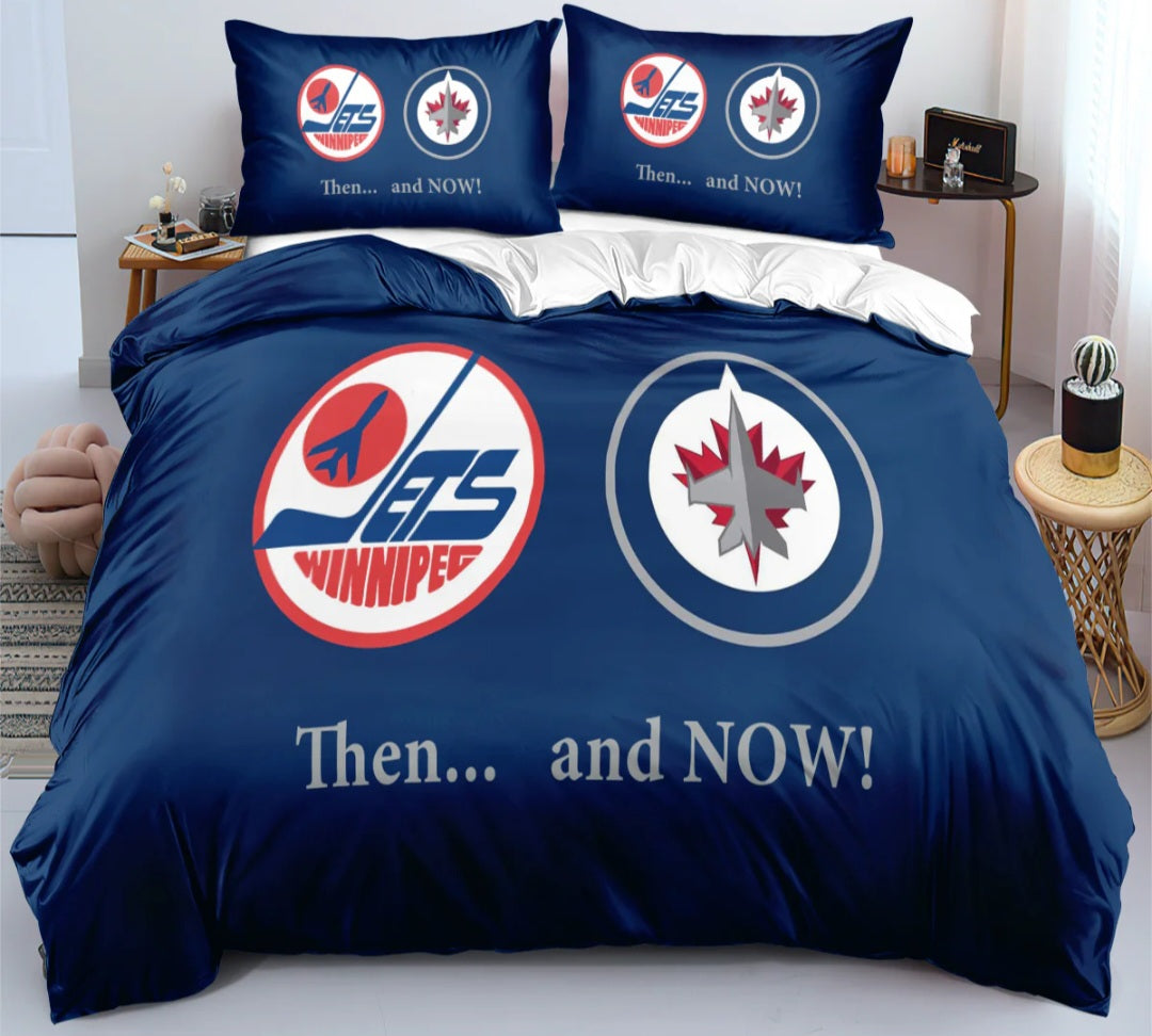 Housse de couette Winnipeg hockey team bleu et blanc avec logo style équipe de hockey, ensemble de literie pour fans de hockey.