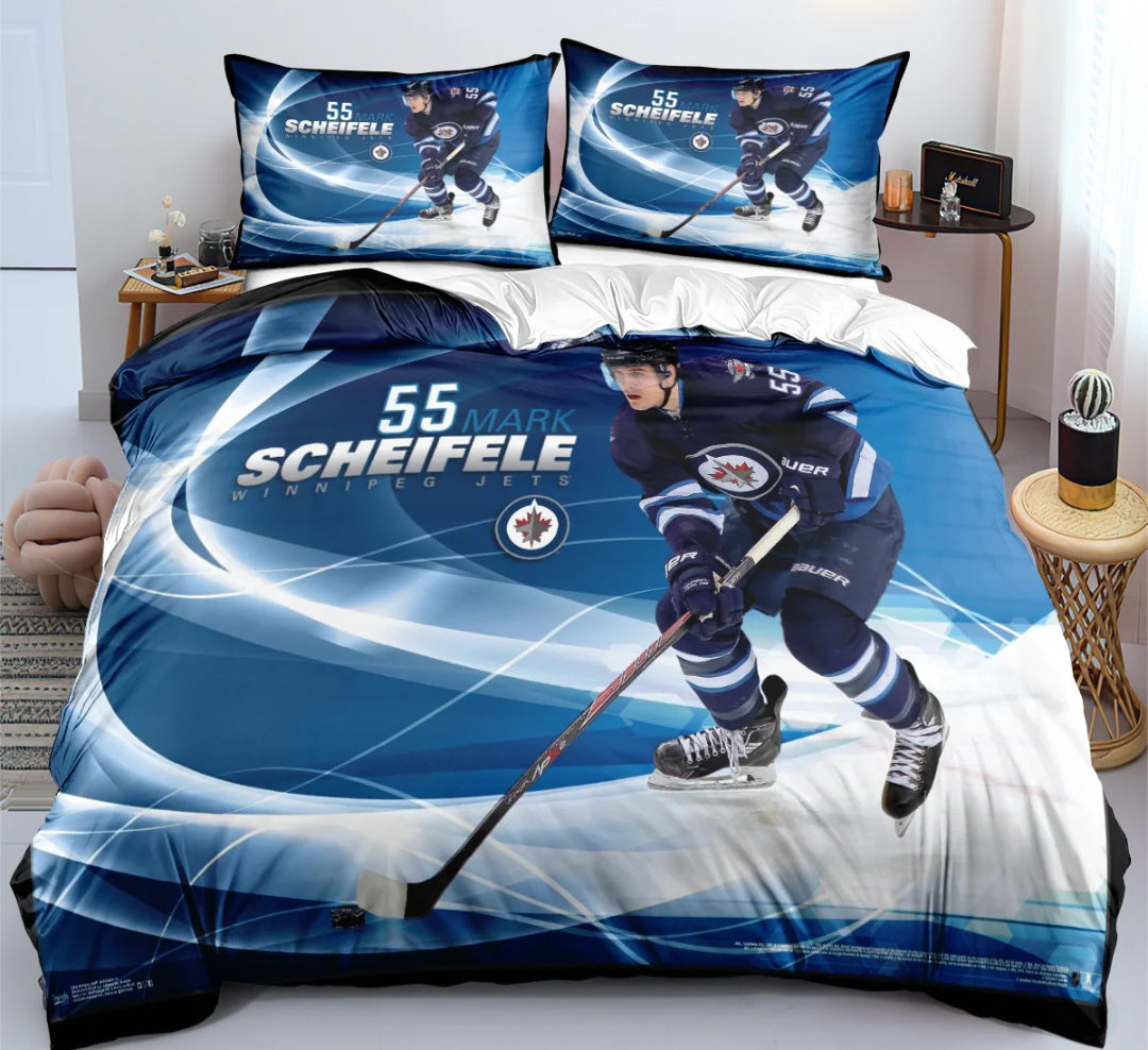 Housse de couette Winnipeg hockey team bleu et blanc avec logo style équipe de hockey, ensemble de literie pour fans de hockey.