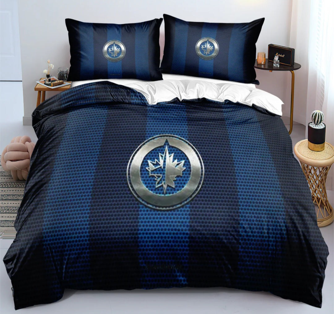 Housse de couette Winnipeg hockey team bleu et blanc avec logo style équipe de hockey, ensemble de literie pour fans de hockey.