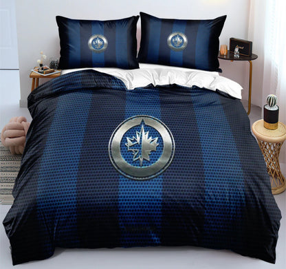 Housse de couette Winnipeg hockey team bleu et blanc avec logo style équipe de hockey, ensemble de literie pour fans de hockey.