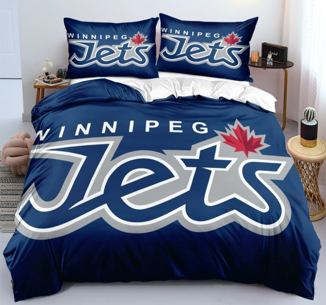 Housse de couette Winnipeg hockey team bleu et blanc avec logo style équipe de hockey, ensemble de literie pour fans de hockey.