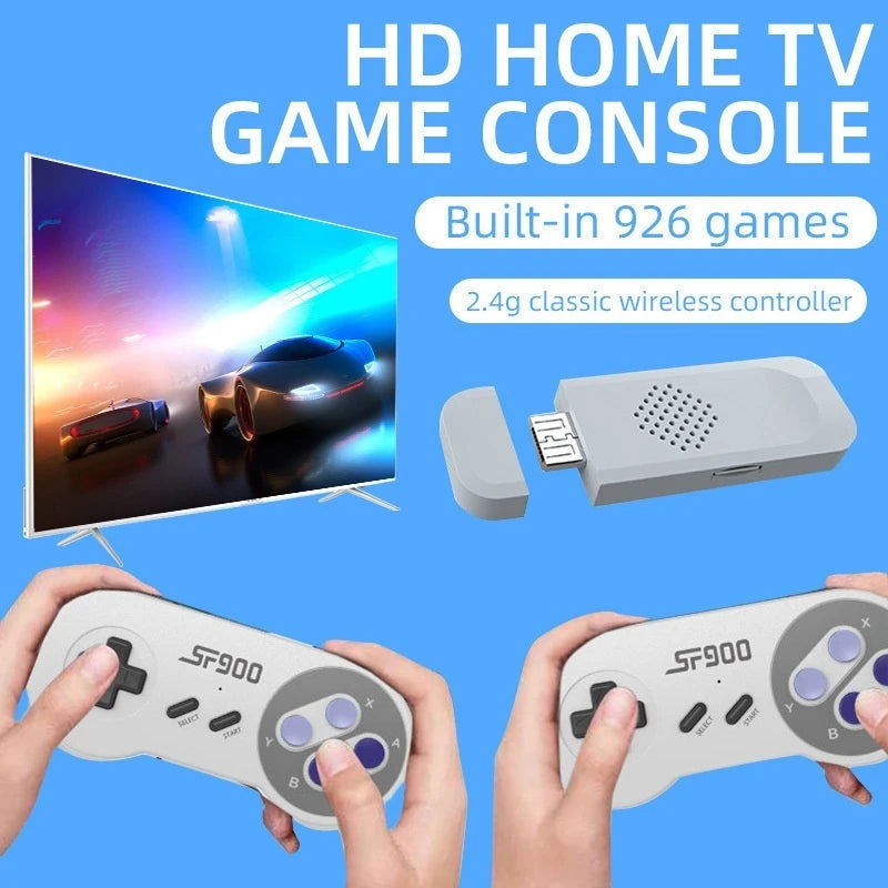 Console de jeux rétro HDMI avec deux manettes sans fil, branchée à une télévision affichant un jeu classique, idéale pour jouer en famille.