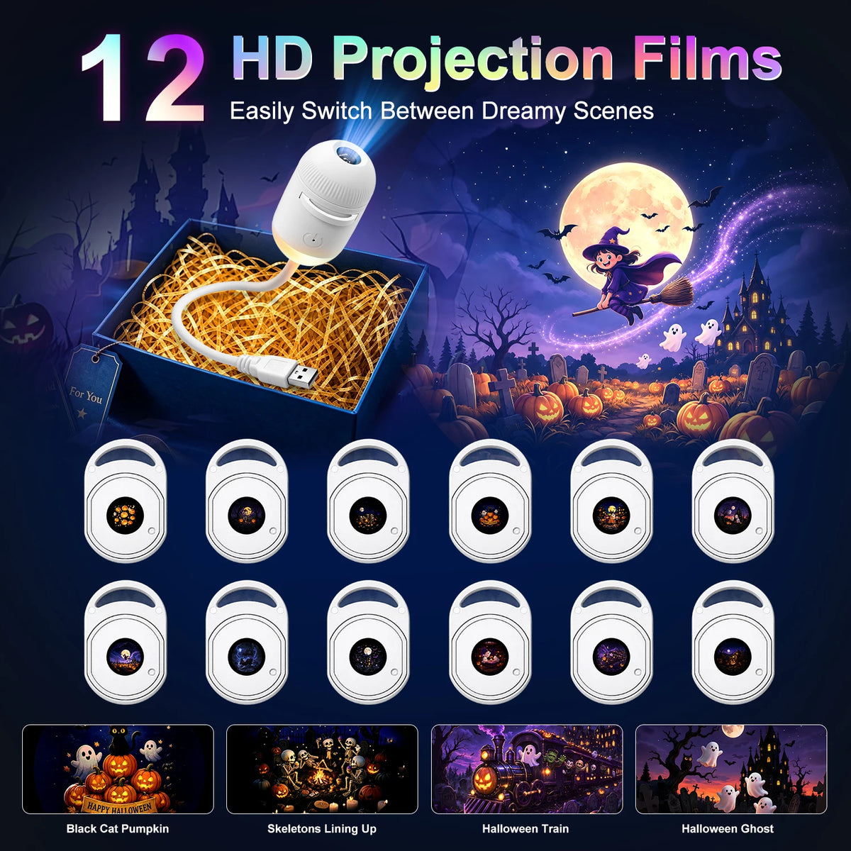 Projecteur Halloween – Lampe à 12 motifs interchangeables