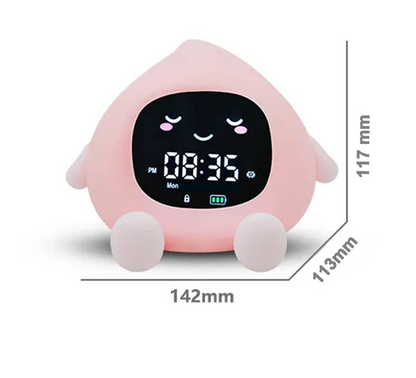 Réveil enfant veilleuse LED en forme kawaii avec lumière douce et écran digital sur table de nuit.