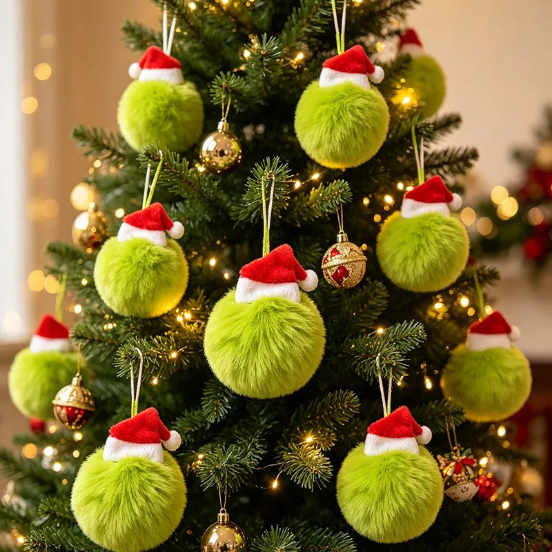 Lot de 12 Boules de Noël Elf en Peluche Verte avec Chapeau Rouge