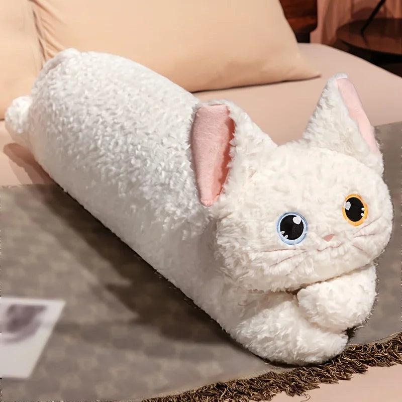Oreiller peluche chat kawaii long 90 cm coussin doux décoratif pour chambre enfant blanc