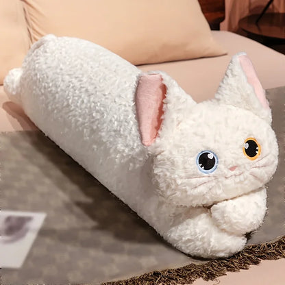 Oreiller peluche chat kawaii long 90 cm coussin doux décoratif pour chambre enfant blanc