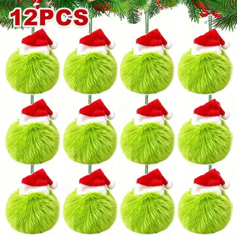 Lot de 12 Boules de Noël Elf en Peluche Verte avec Chapeau Rouge