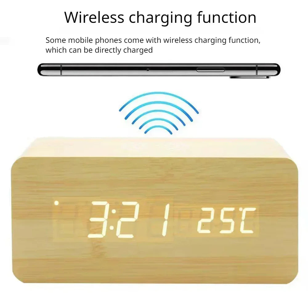 Réveil matin style bois Digital LED Wireless Charger