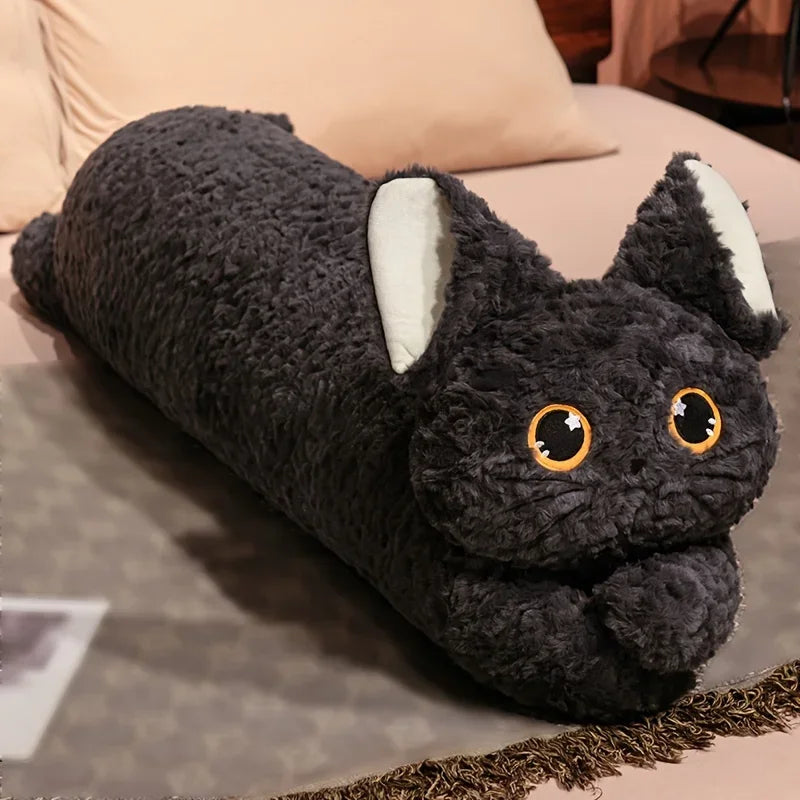 Oreiller peluche chat kawaii long 90 cm coussin doux décoratif pour chambre enfant noir