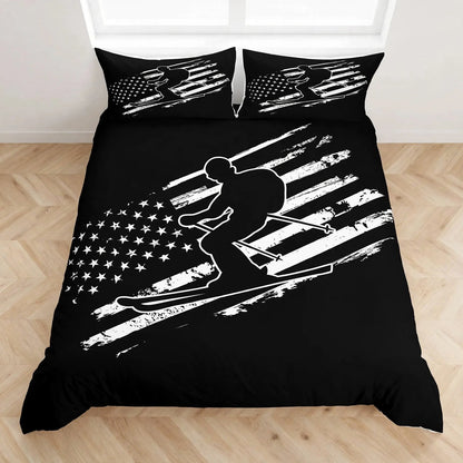 Juego de ropa de cama de esquí, deportes de invierno, esquí, nieve y montaña