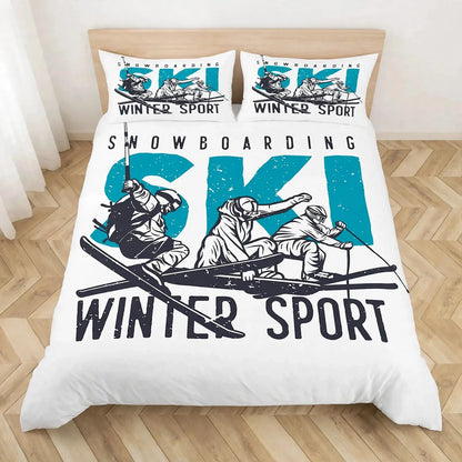 Juego de ropa de cama de esquí, deportes de invierno, esquí, nieve y montaña