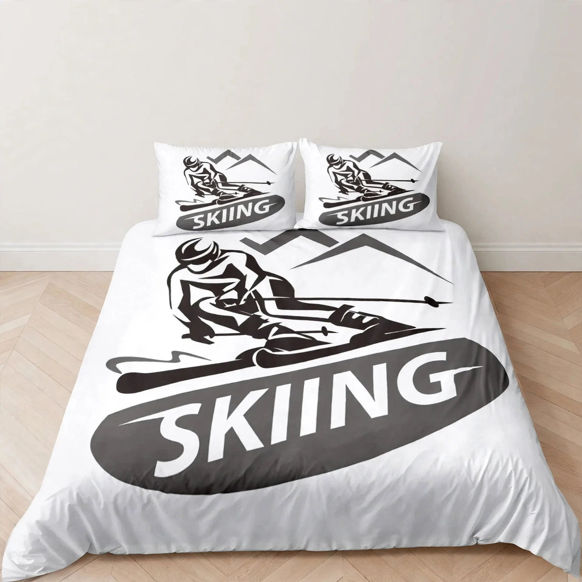 Juego de ropa de cama de esquí, deportes de invierno, esquí, nieve y montaña