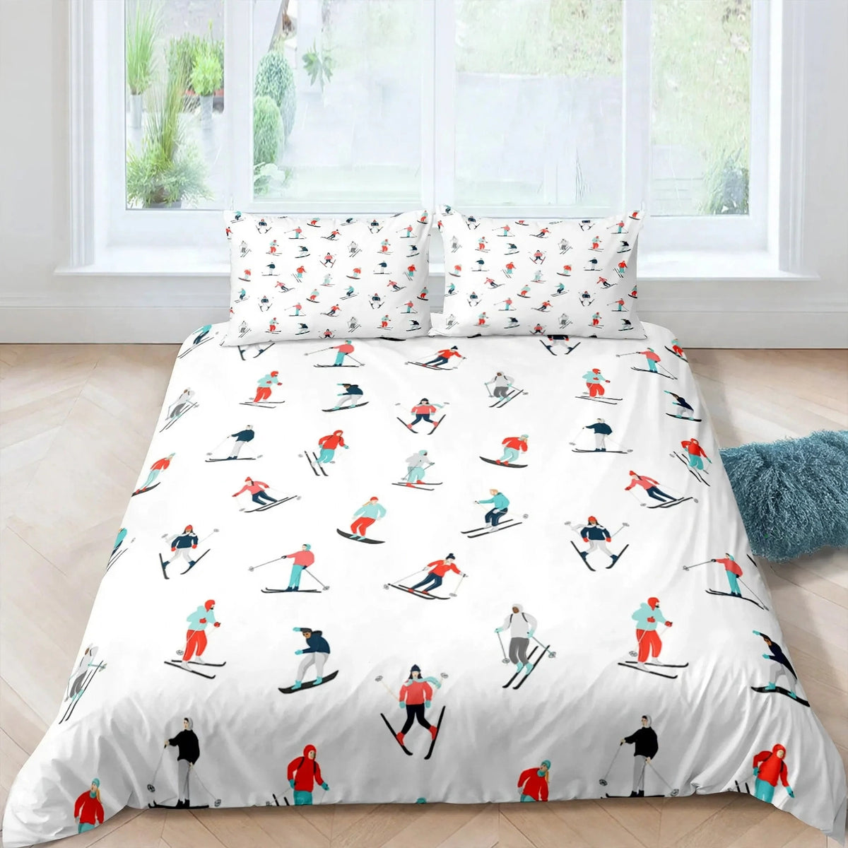 Juego de ropa de cama de esquí, deportes de invierno, esquí, nieve y montaña