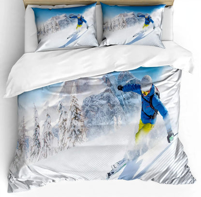 Juego de ropa de cama de esquí, deportes de invierno, esquí, nieve y montaña