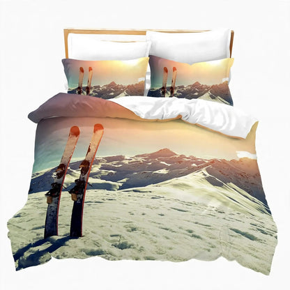 Juego de ropa de cama de esquí, deportes de invierno, esquí, nieve y montaña