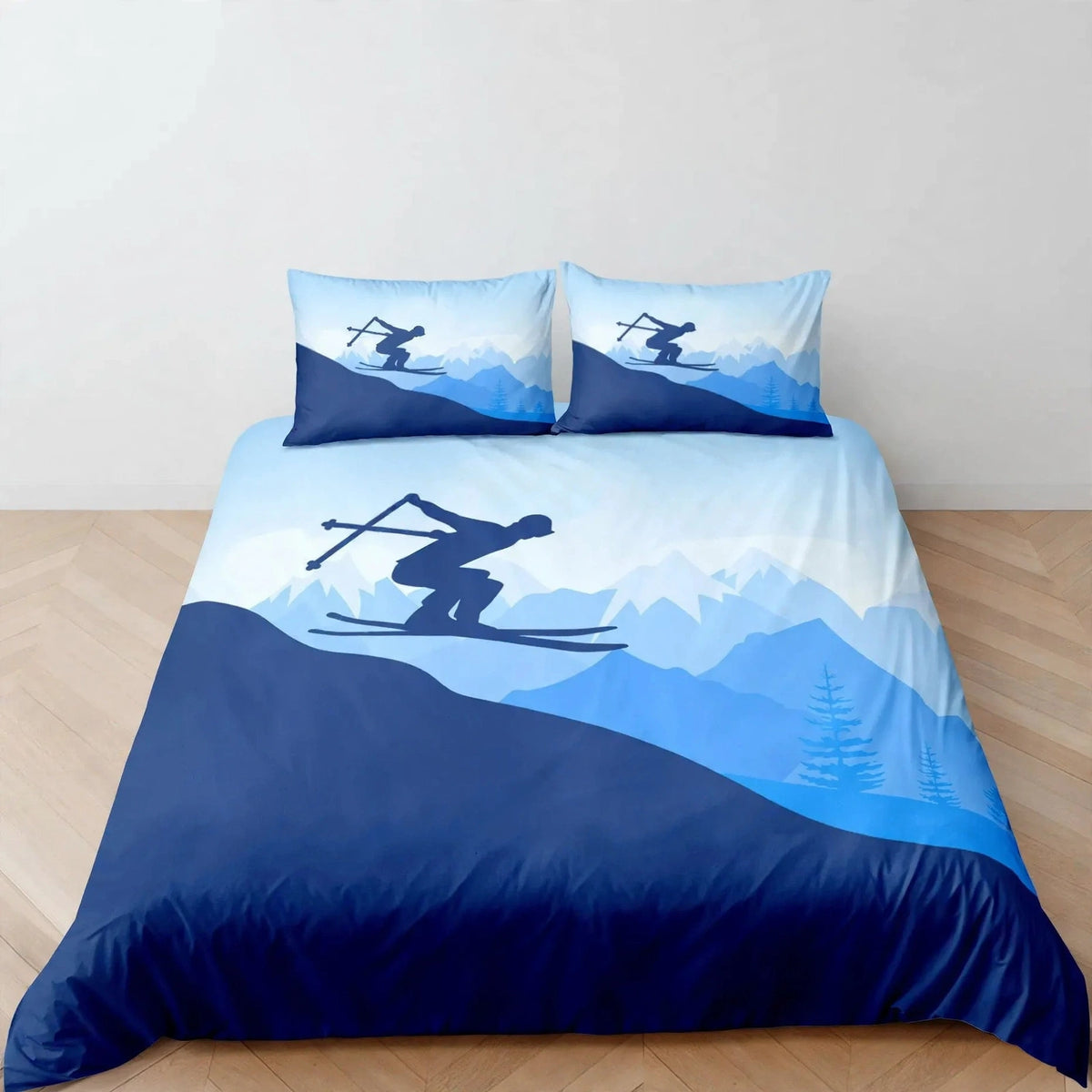 Juego de ropa de cama de esquí, deportes de invierno, esquí, nieve y montaña