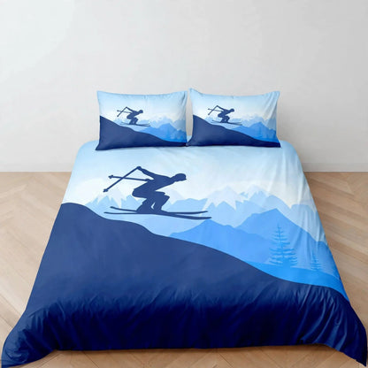 Juego de ropa de cama de esquí, deportes de invierno, esquí, nieve y montaña