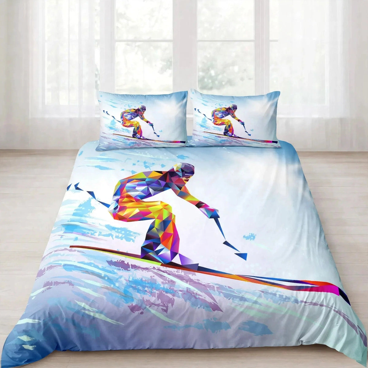 Juego de ropa de cama de esquí, deportes de invierno, esquí, nieve y montaña