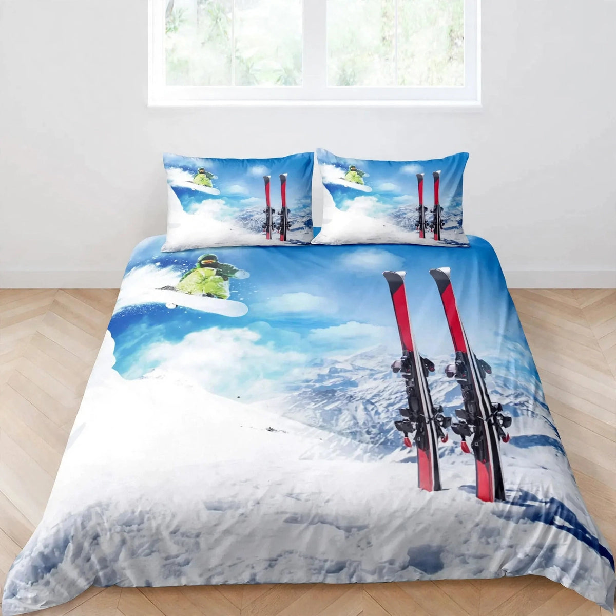 Juego de ropa de cama de esquí, deportes de invierno, esquí, nieve y montaña
