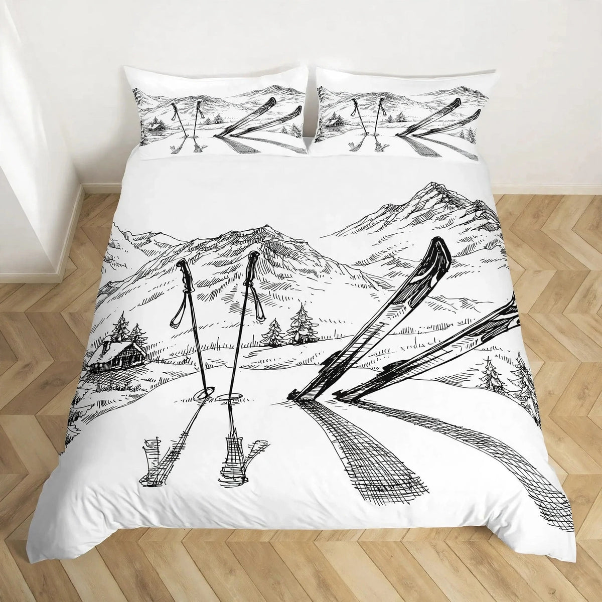 Juego de ropa de cama de esquí, deportes de invierno, esquí, nieve y montaña