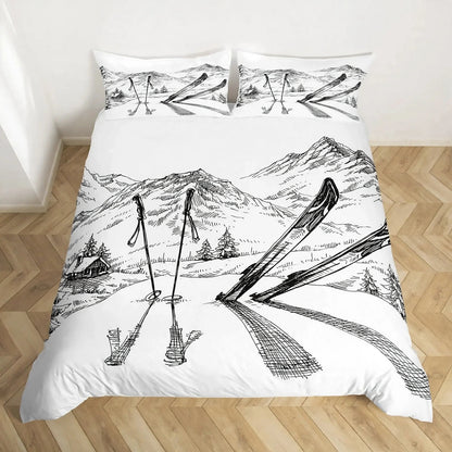 Juego de ropa de cama de esquí, deportes de invierno, esquí, nieve y montaña