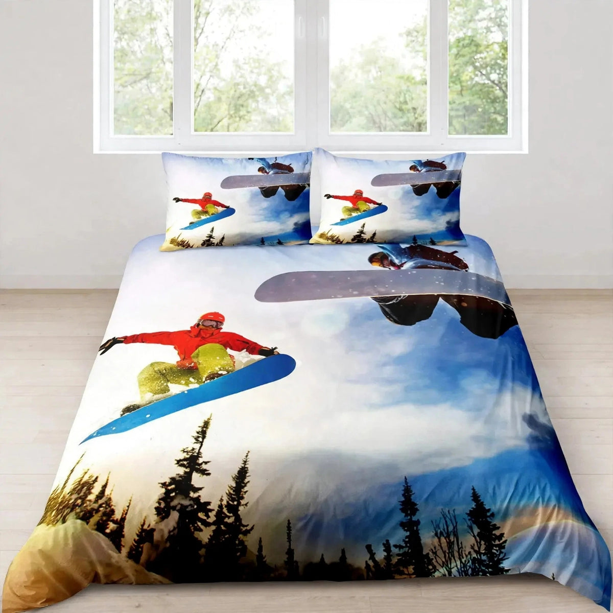 Juego de ropa de cama de esquí, deportes de invierno, esquí, nieve y montaña