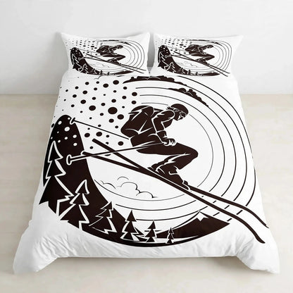 Juego de ropa de cama de esquí, deportes de invierno, esquí, nieve y montaña
