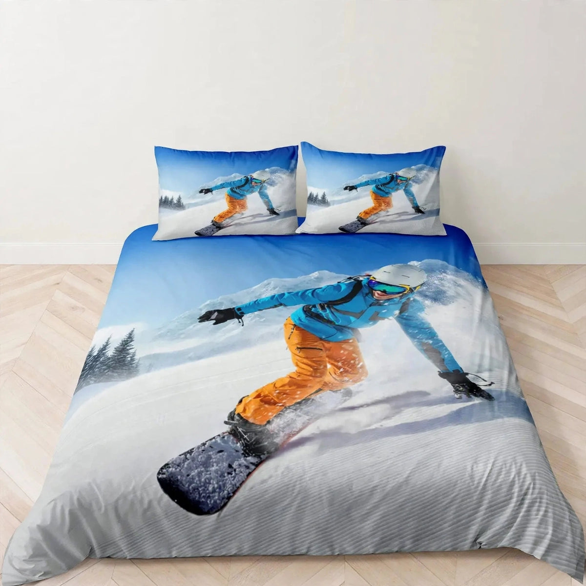Juego de ropa de cama de esquí, deportes de invierno, esquí, nieve y montaña
