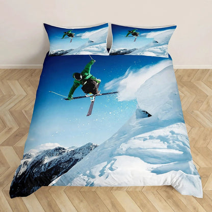 Juego de ropa de cama de esquí, deportes de invierno, esquí, nieve y montaña