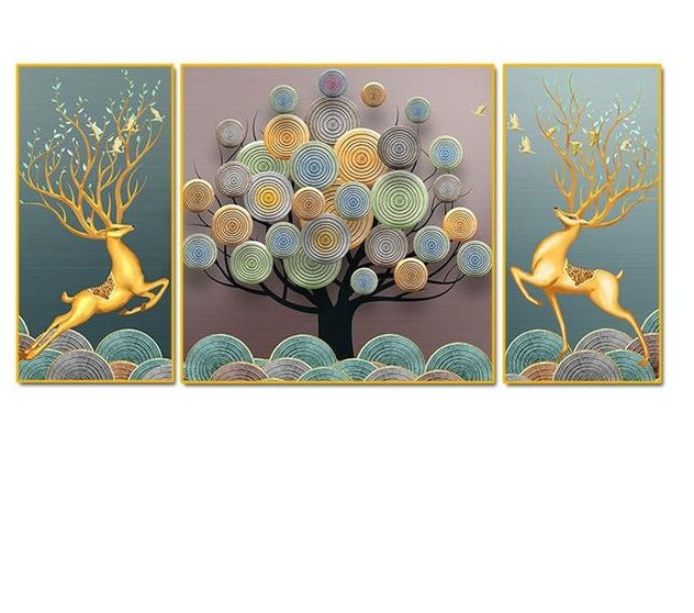 Art mural Canvas Cerf en Or et arbre (3 pièces)