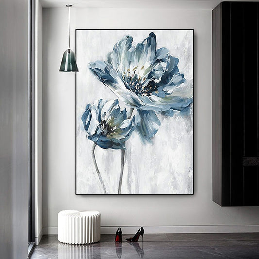 Arte de pared en lienzo con flores azules abstractas