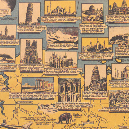 World map with vintage wonders of the world