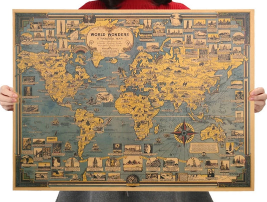 World map with vintage wonders of the world